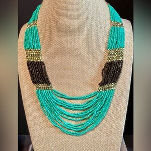 Seed Bead Turquoise/Gold/Brown Multi Strand Necklace